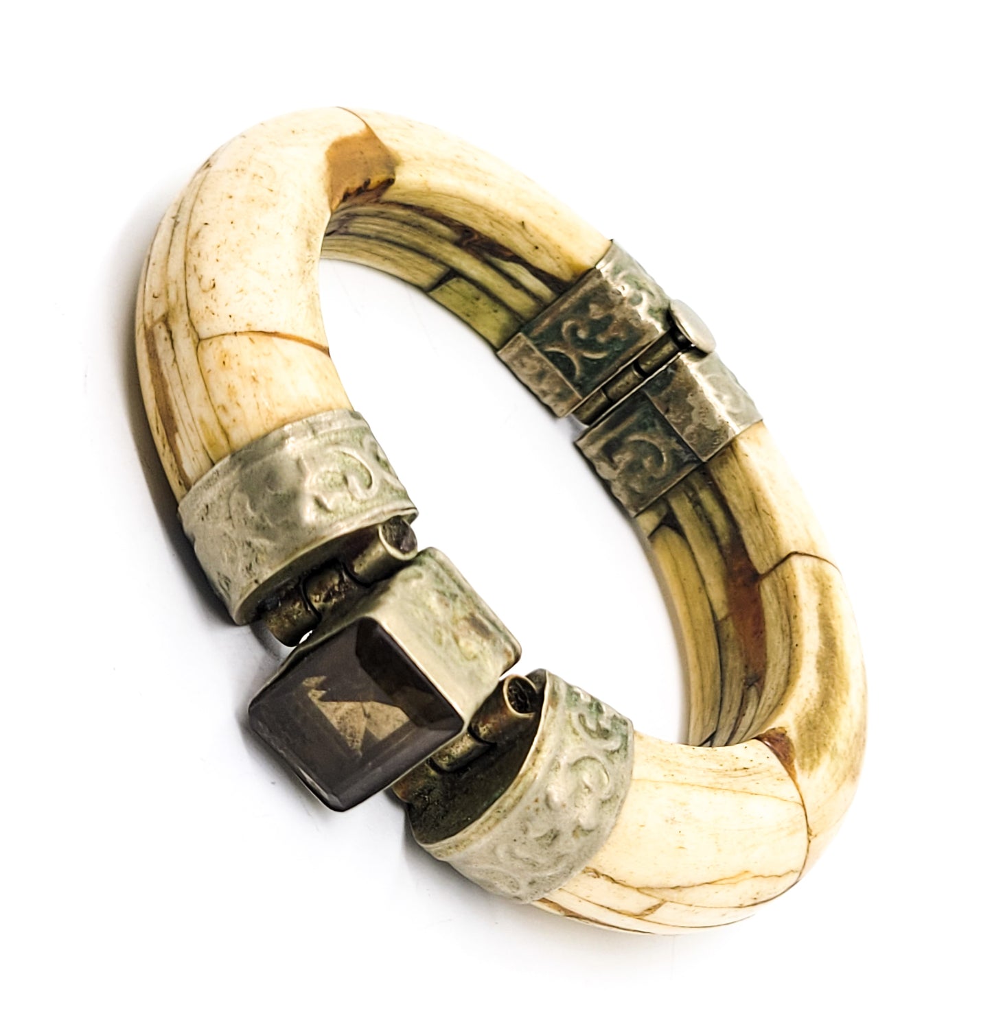 Carved Camel bone hinged smoky quartz gemstone vintage bracelet from India