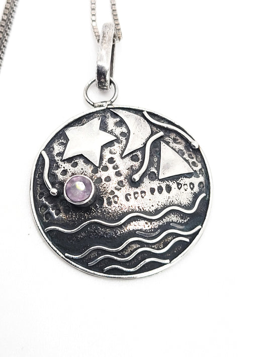 Celestial moon and stars artisan handcrafted Amethyst and sterling silver puffy necklace