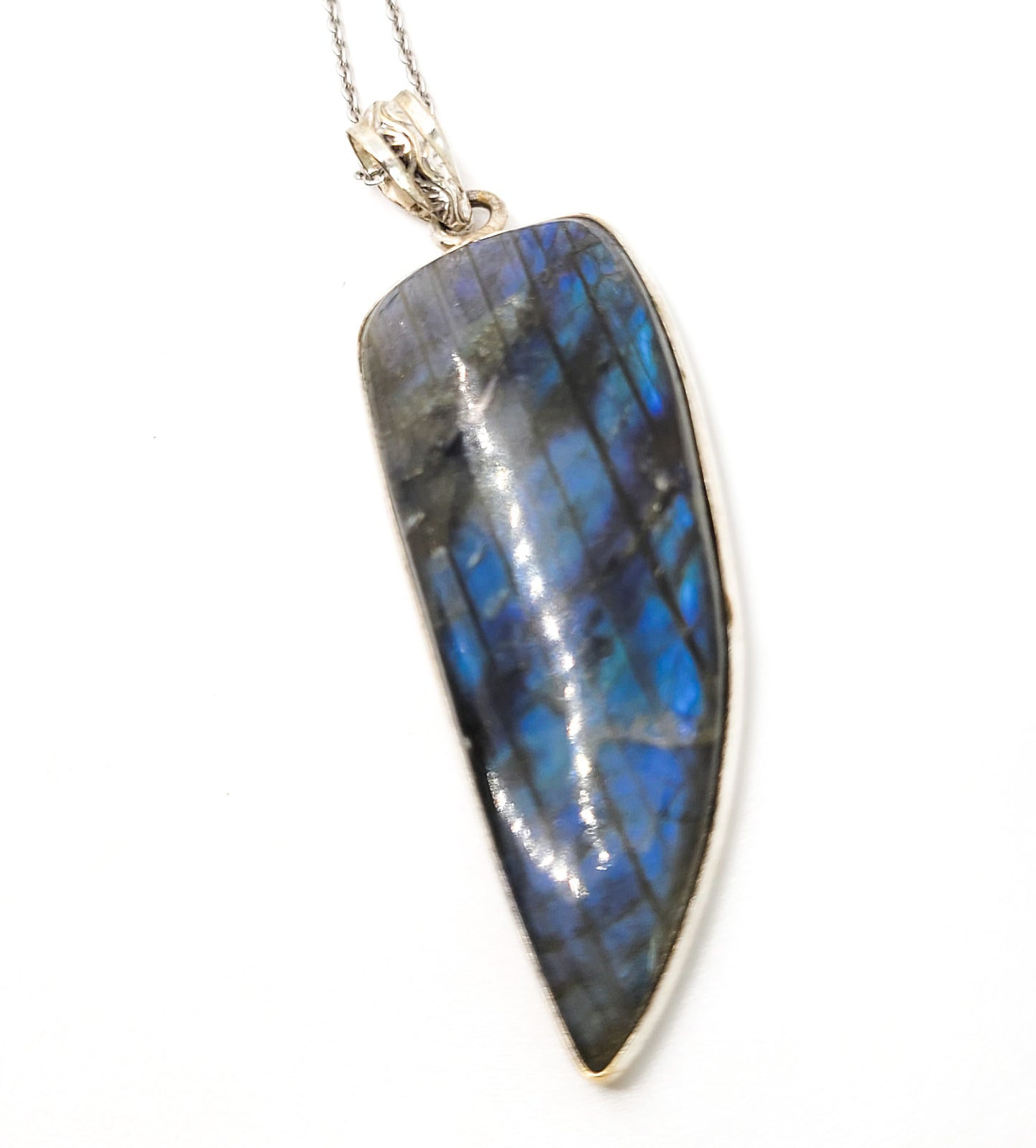 Deep Blue long Labradorite vintage sterling silver pendant necklace