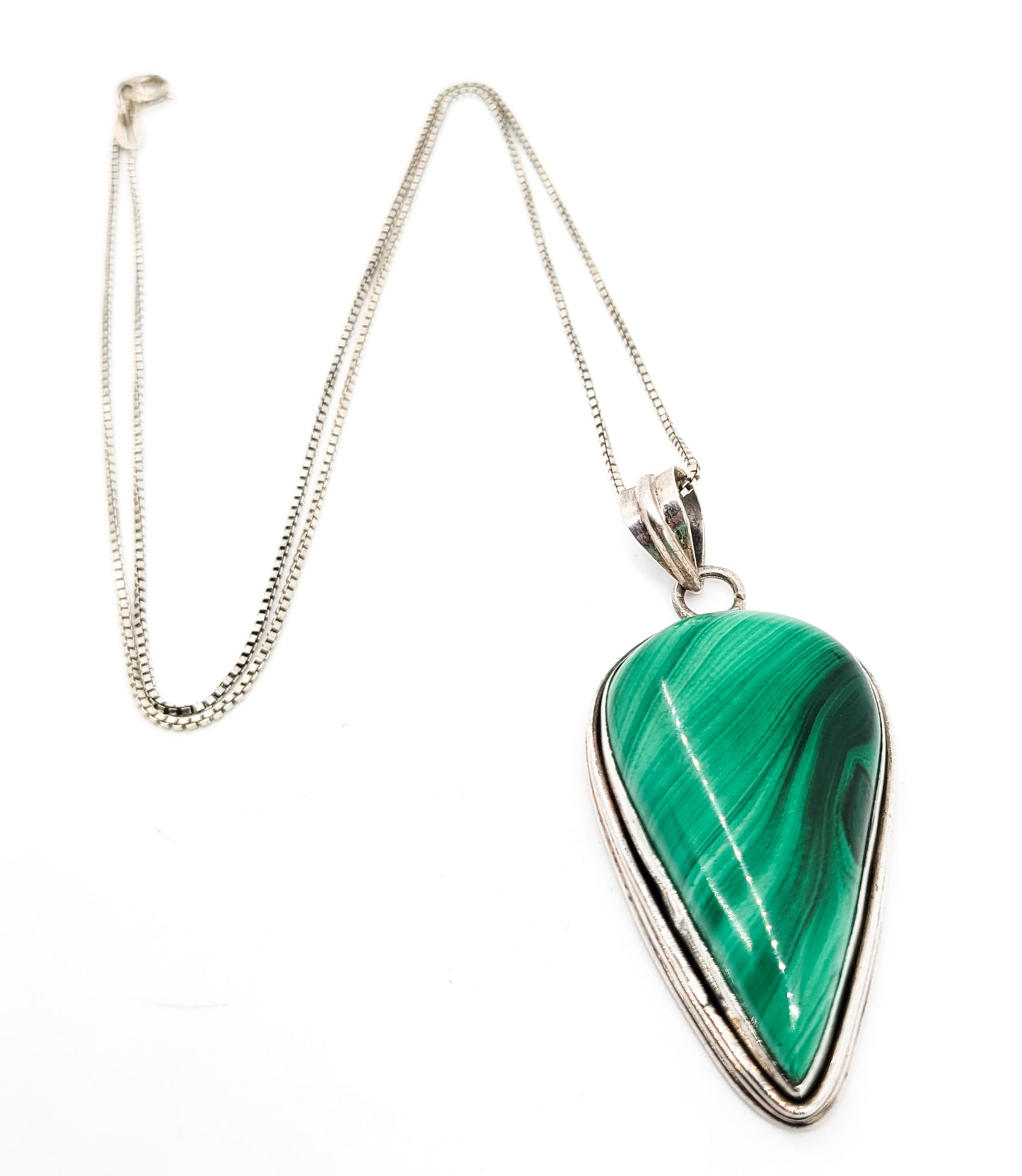 Malachite banded pear cut green gemstone vintage sterling silver necklace