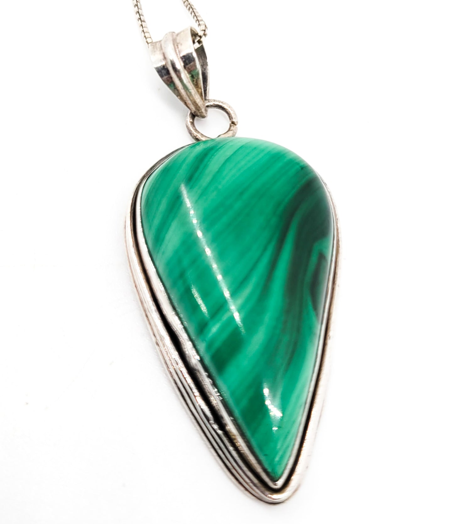 Malachite banded pear cut green gemstone vintage sterling silver necklace