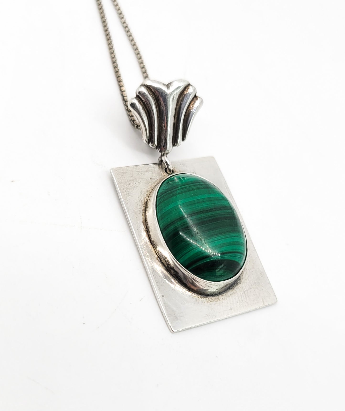 Malachite artisan created banded green gemstone vintage sterling silver necklace