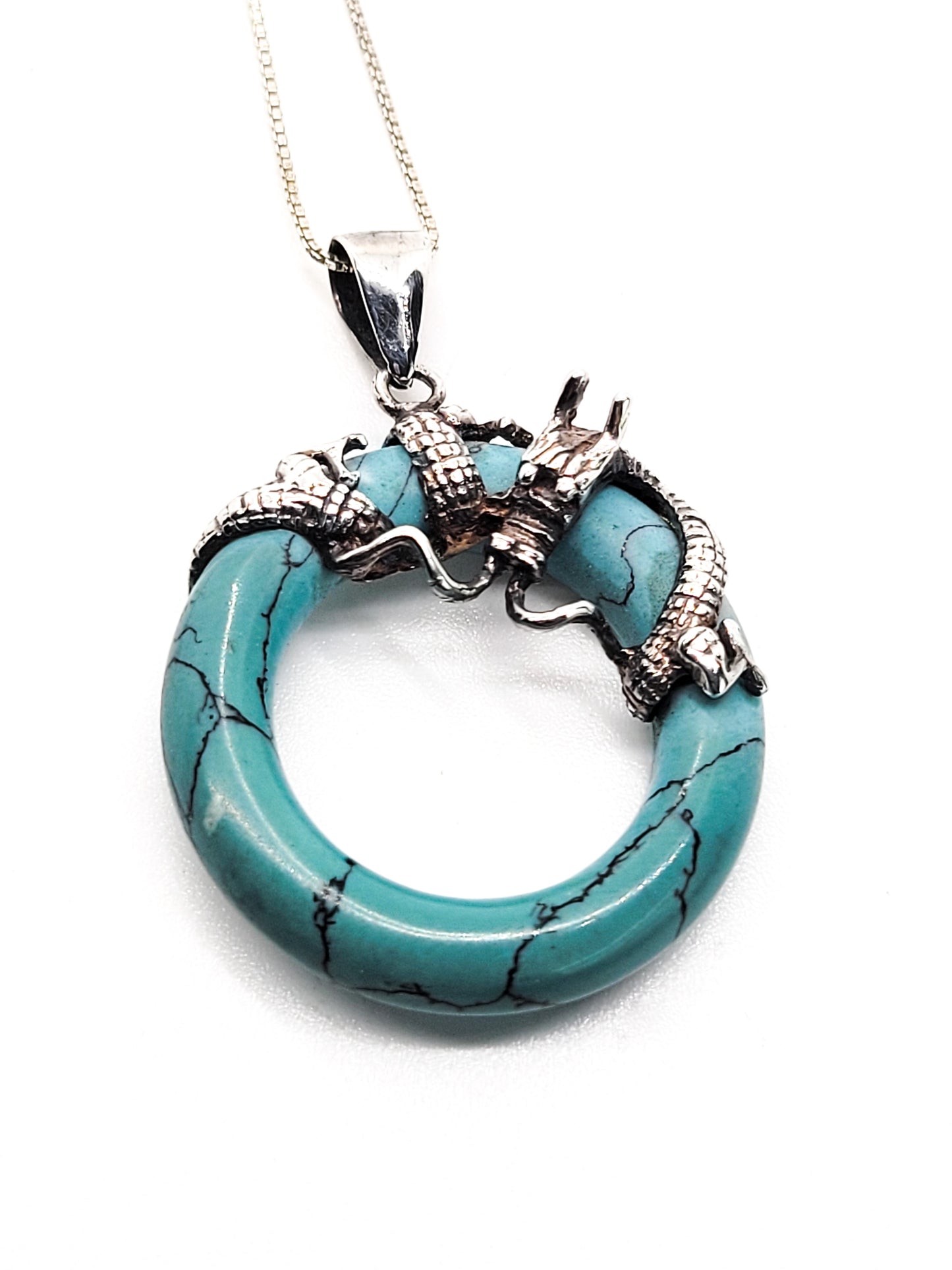 Coiled dragon sterling silver blue ring pendant necklace