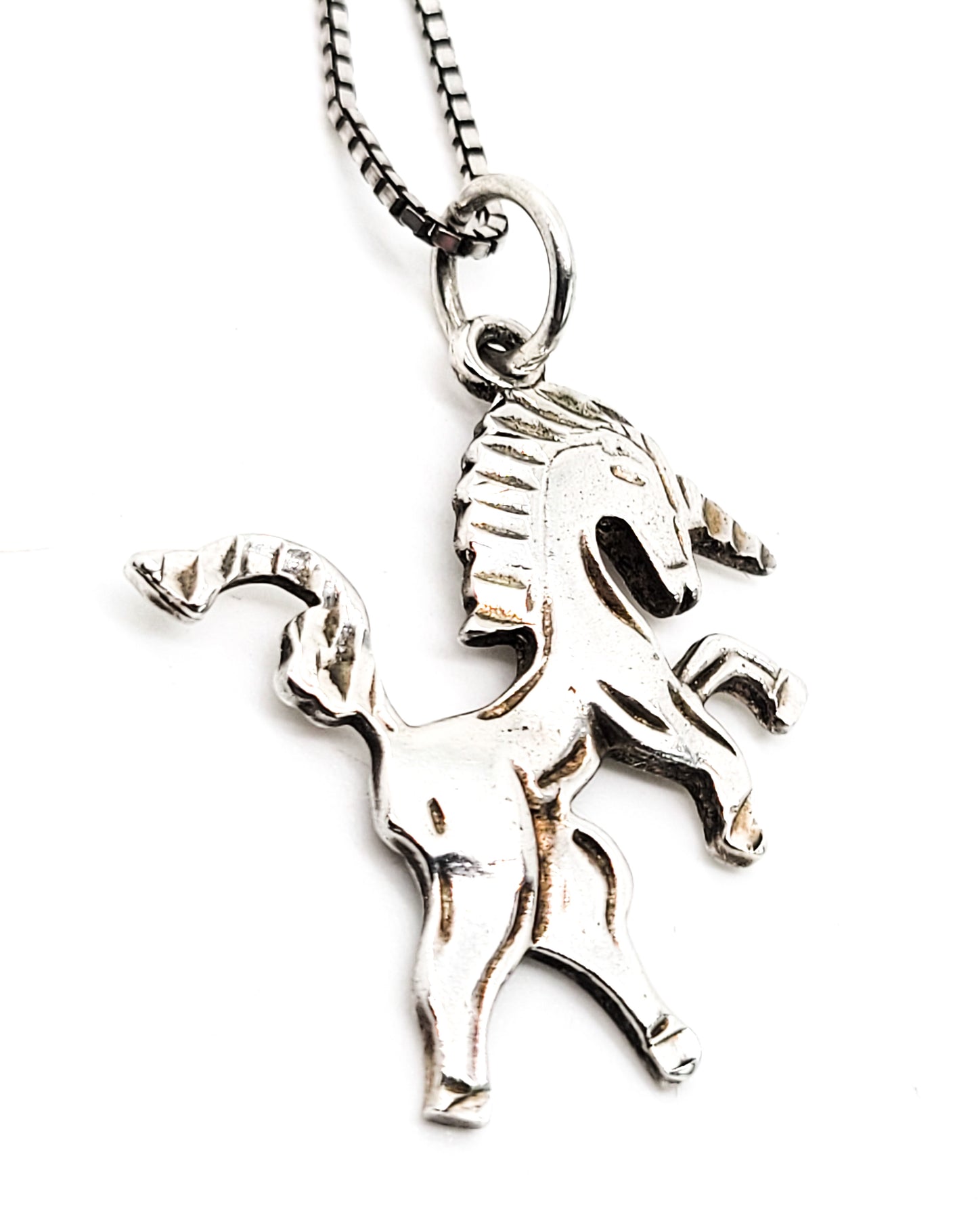 Vintage etched Unicorn fantasy retro sterling silver pendant necklace