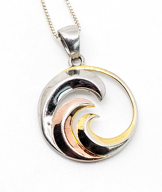 Aloha wave signed round sterling silver pendant necklace