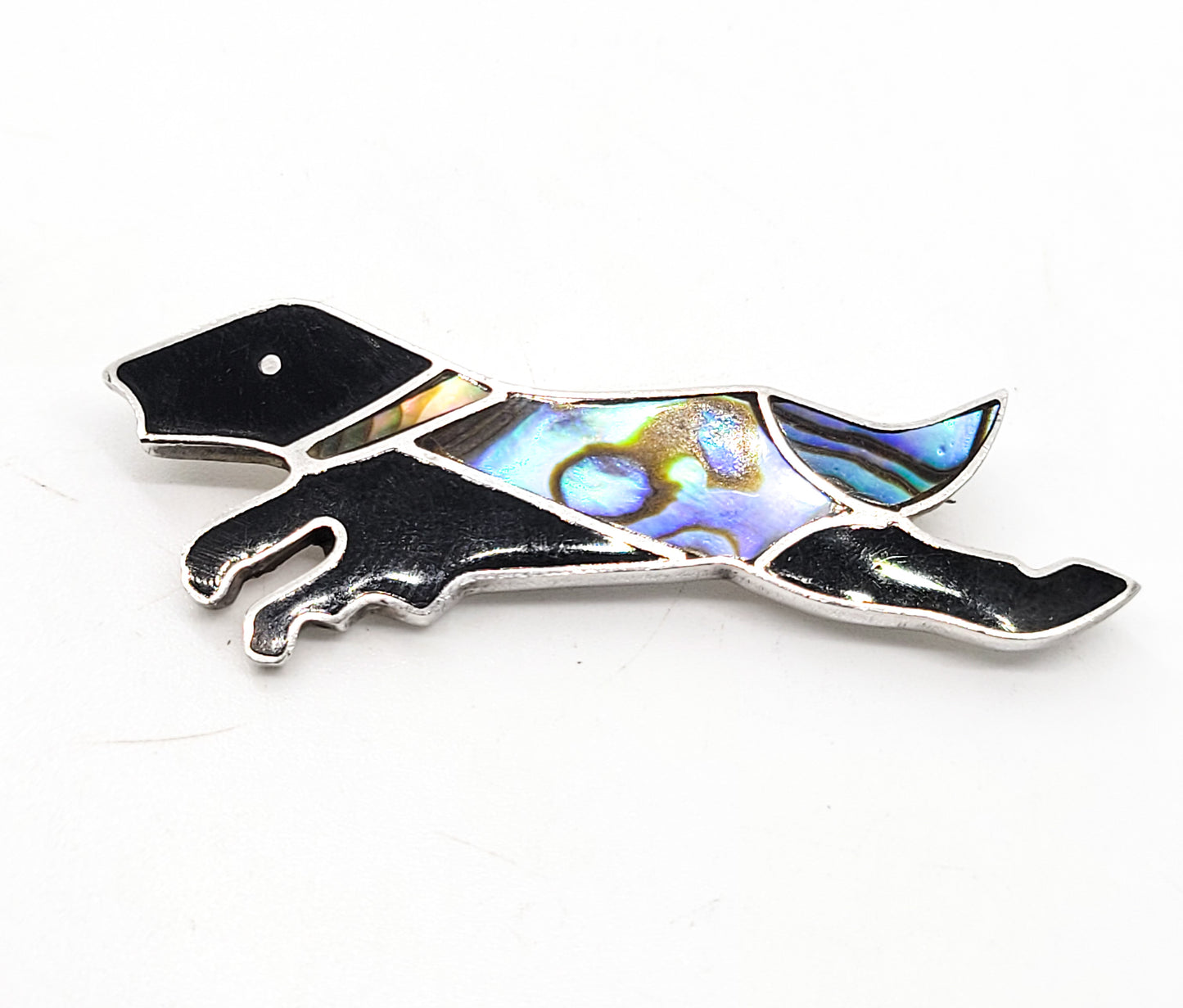 Abalone and onyx jumping dog sterling silver vintage brooch pin
