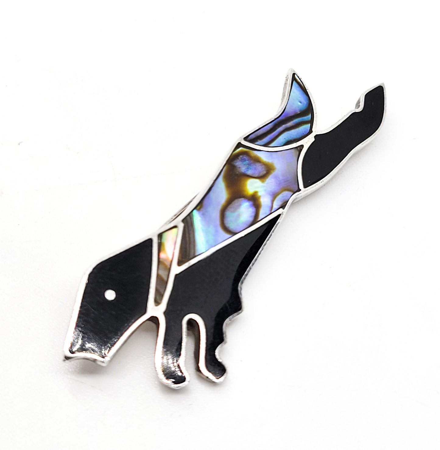 Abalone and onyx jumping dog sterling silver vintage brooch pin