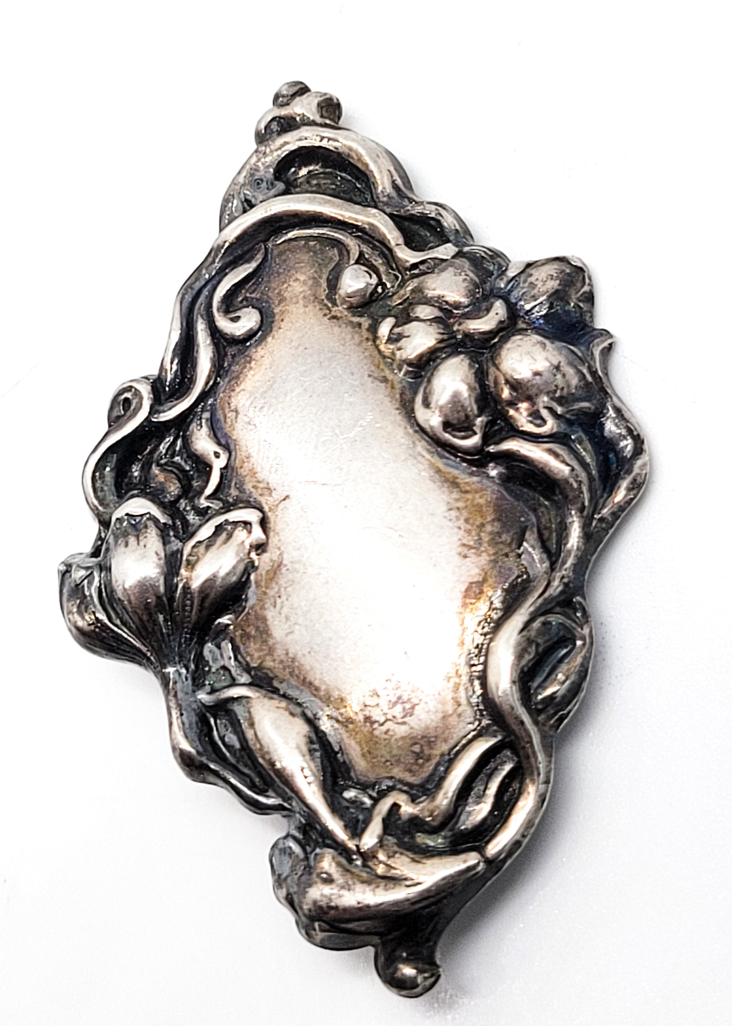 Art Nouveau Poppy flower sterling silver blank plaque antique brooch