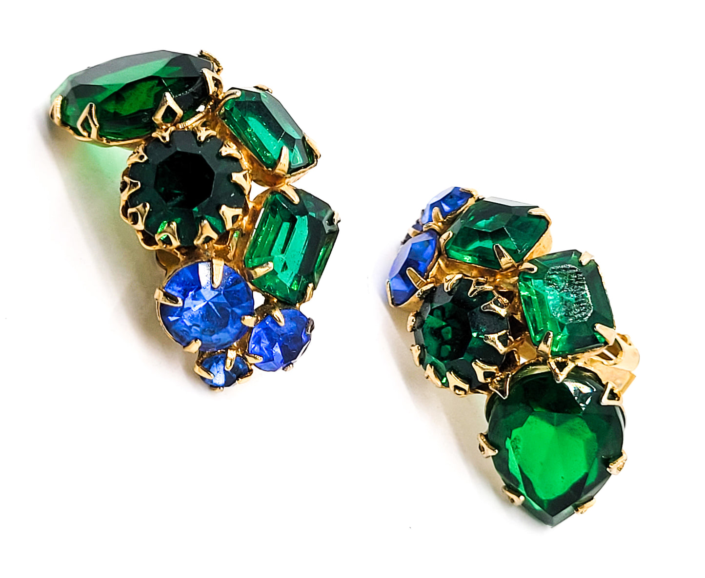 Unsigned Schreiner Blue and green pear cut large vintage rhinestone earrings