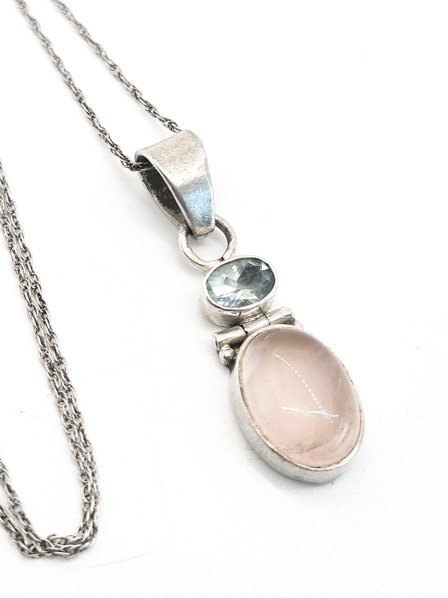 Rose Quartz Blue topaz Vintage articulated sterling silver pendant necklace