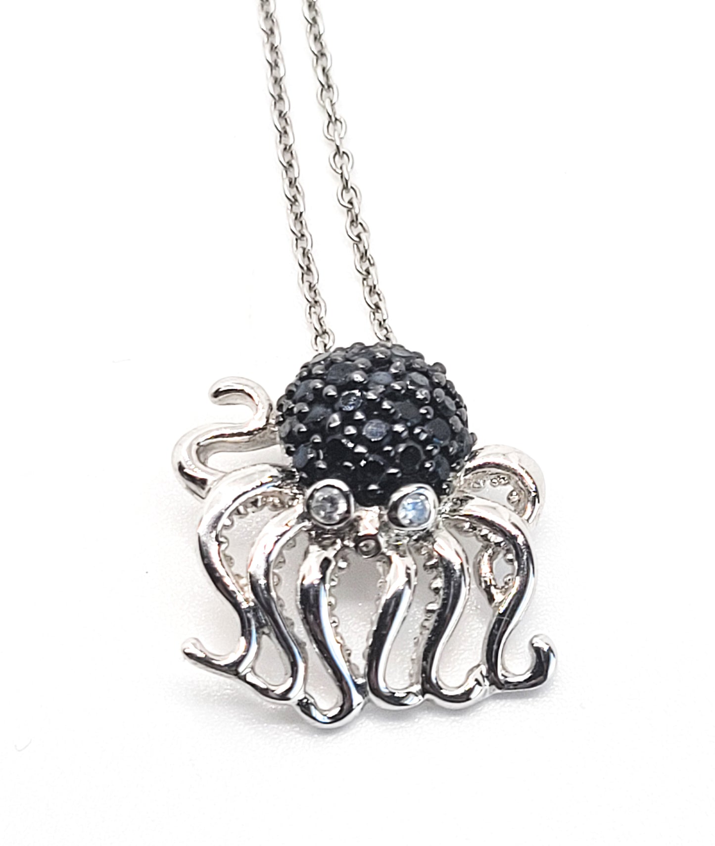 Octopus black and white Cubic Zirconia FD signed sterling silver pendant necklace