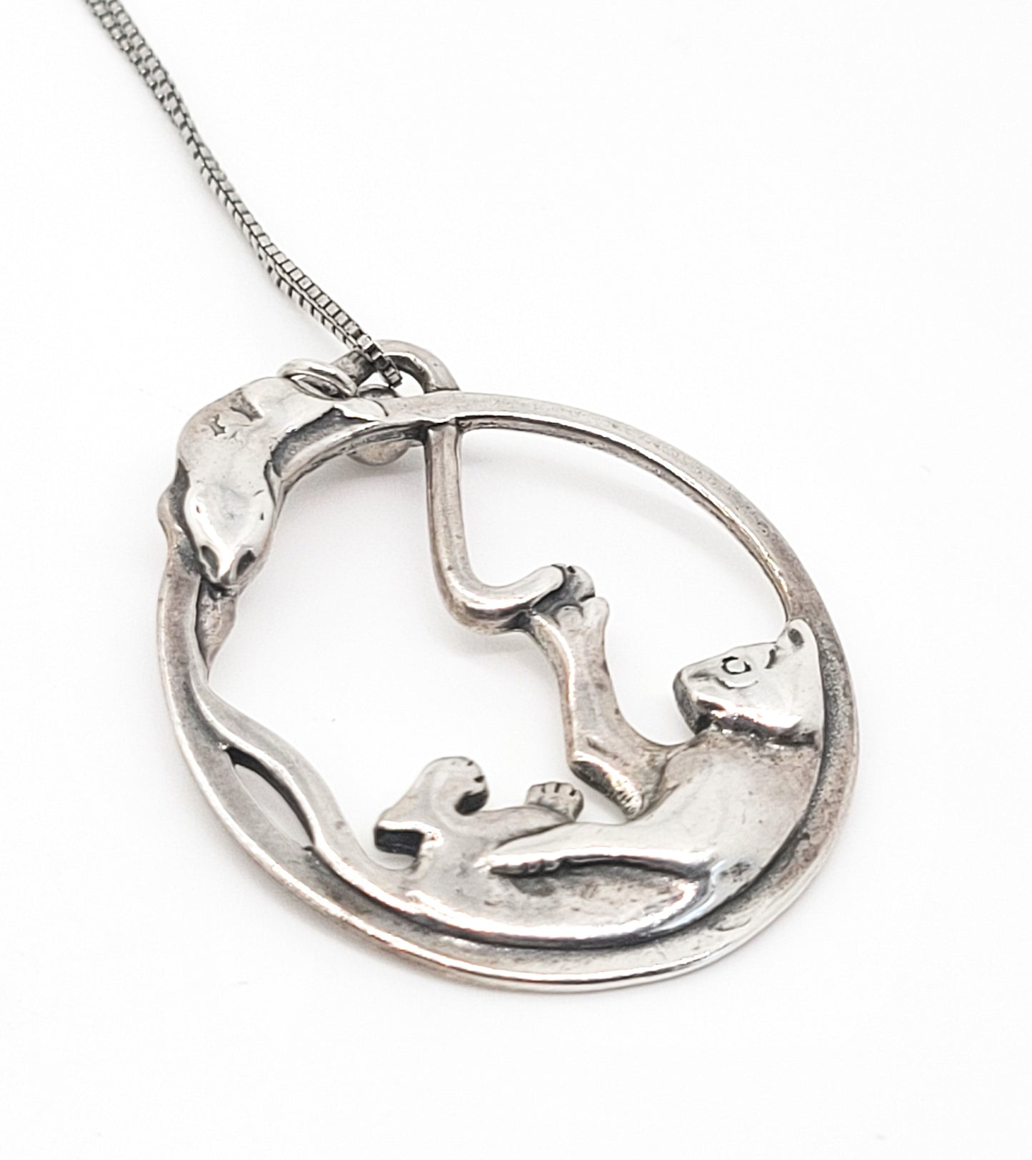 Shubes Cat and Mouse vintage figural hoop sterling silver playing kitty vintage necklace