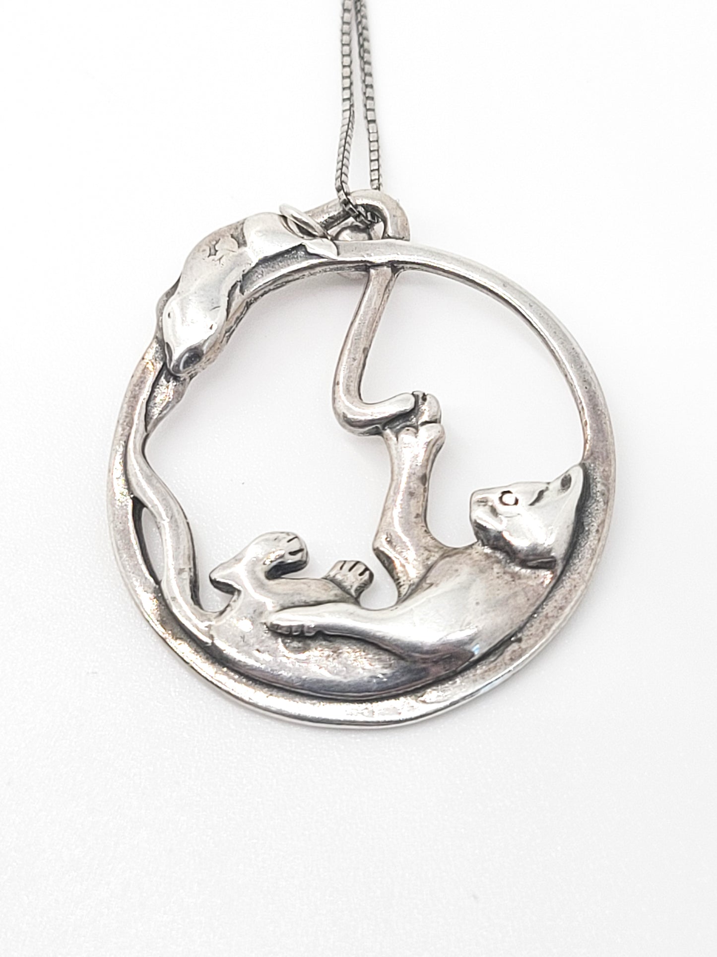 Shubes Cat and Mouse vintage figural hoop sterling silver playing kitty vintage necklace