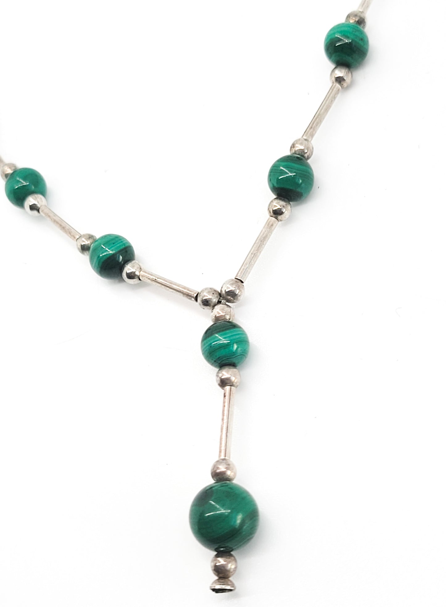 Malachite banded liquid silver beaded vintage sterling silver vintage Y necklace