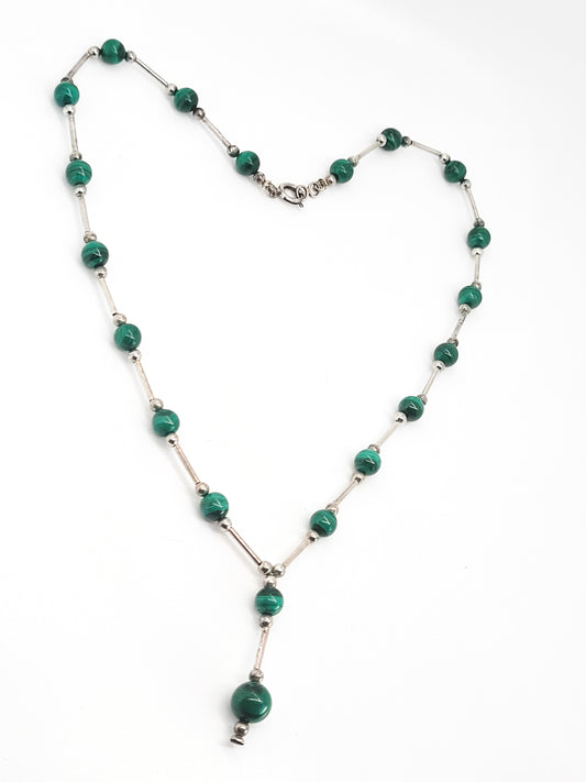 Malachite banded liquid silver beaded vintage sterling silver vintage Y necklace