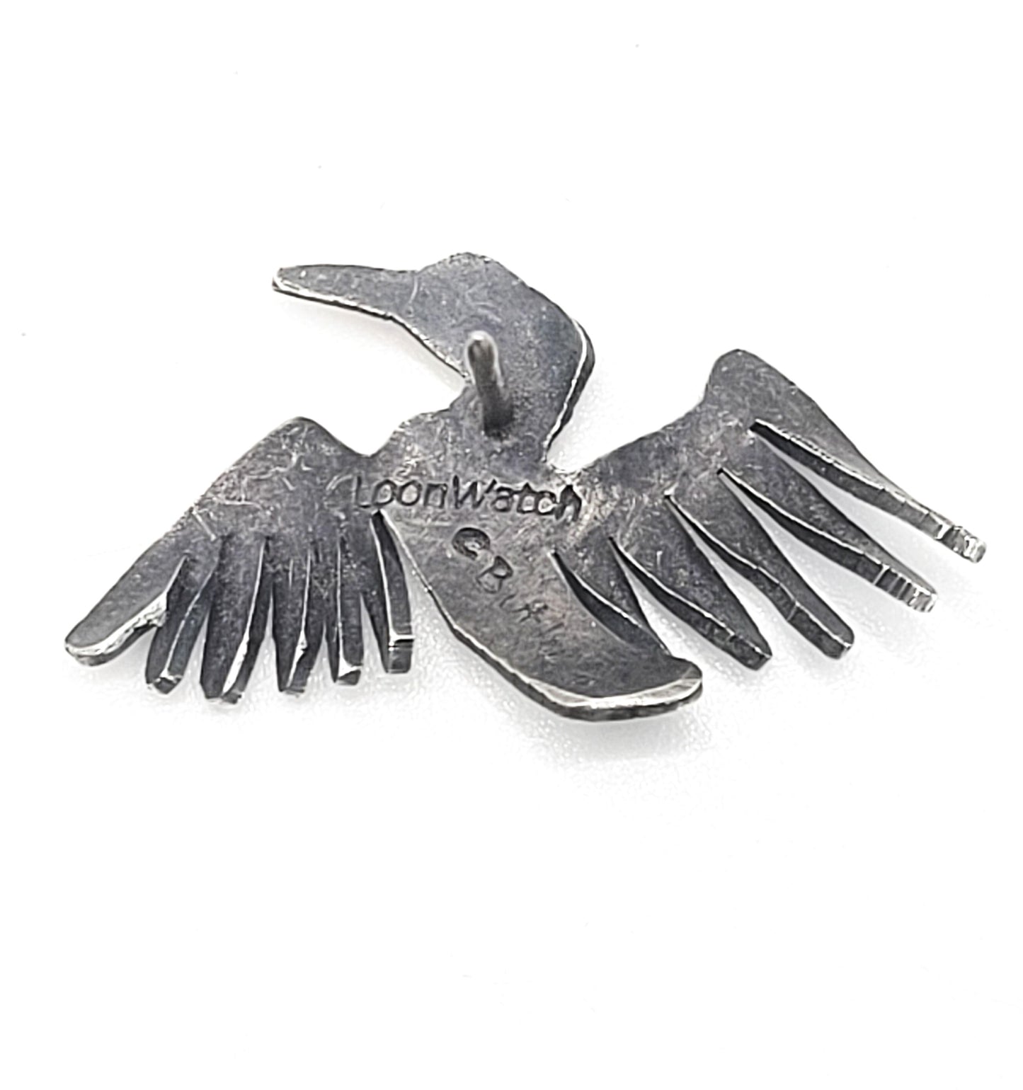 Loon watch signed C Butler vintage sterling silver flying bird tie tack brooch pin