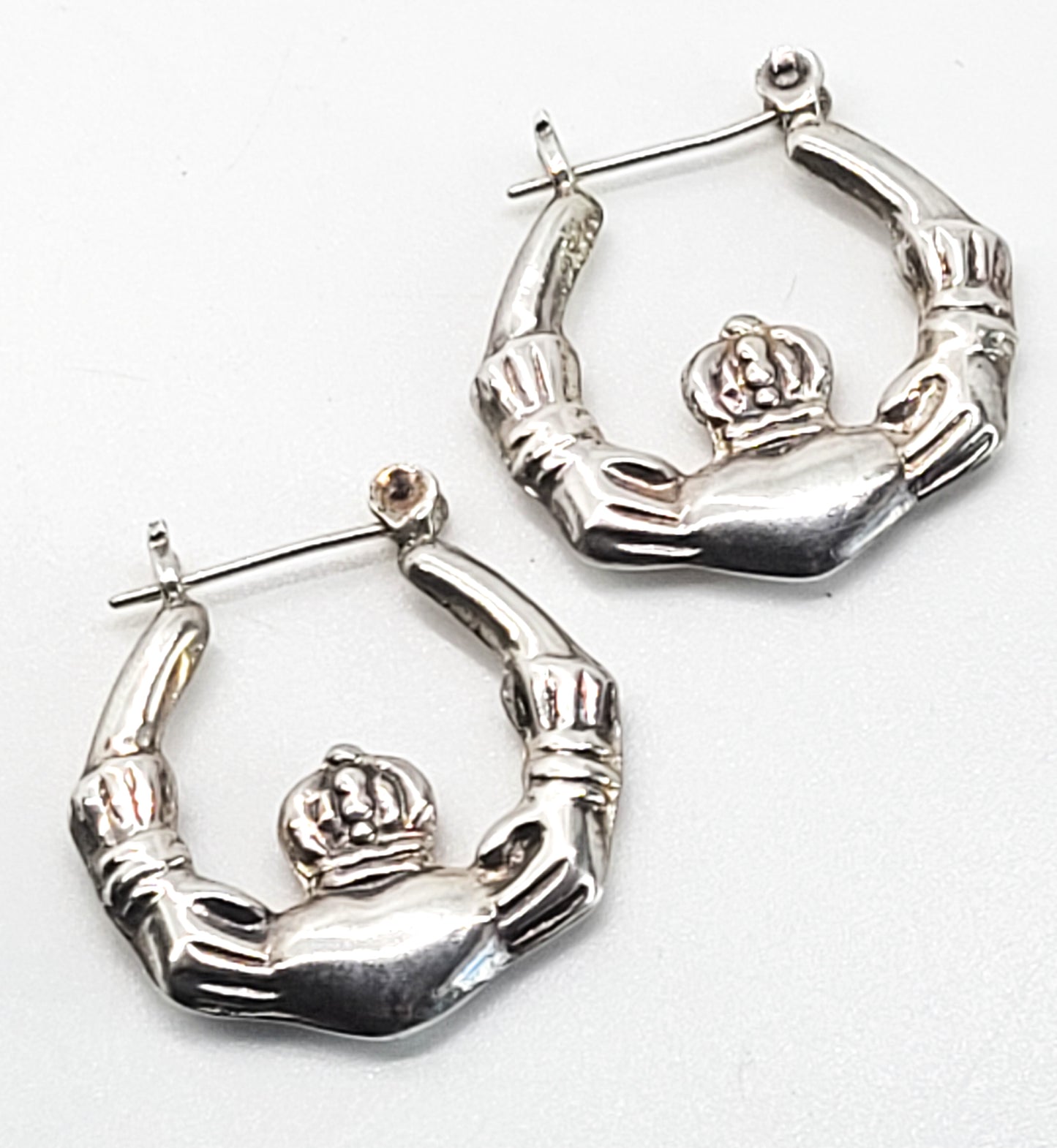 Claddagh Irish Celtic large puffy vintage sterling silver lever back hoop earrings