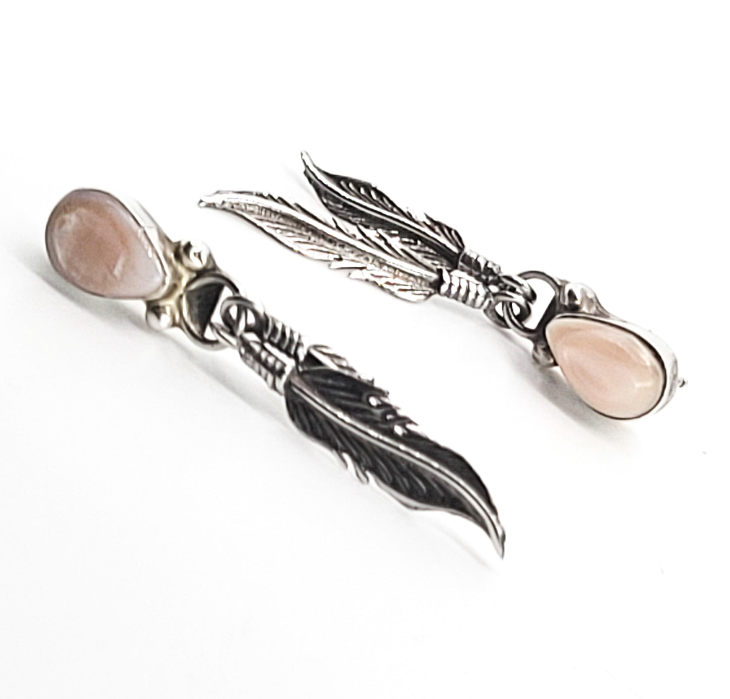 Pink Slipper Shell Native American feather vintage drop sterling silver earrings