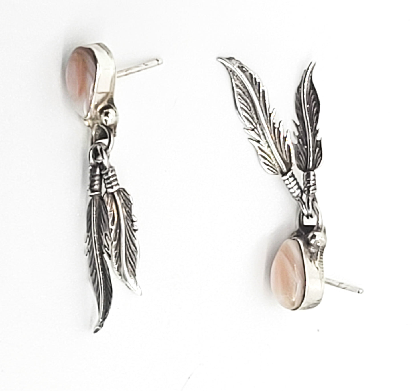 Pink Slipper Shell Native American feather vintage drop sterling silver earrings