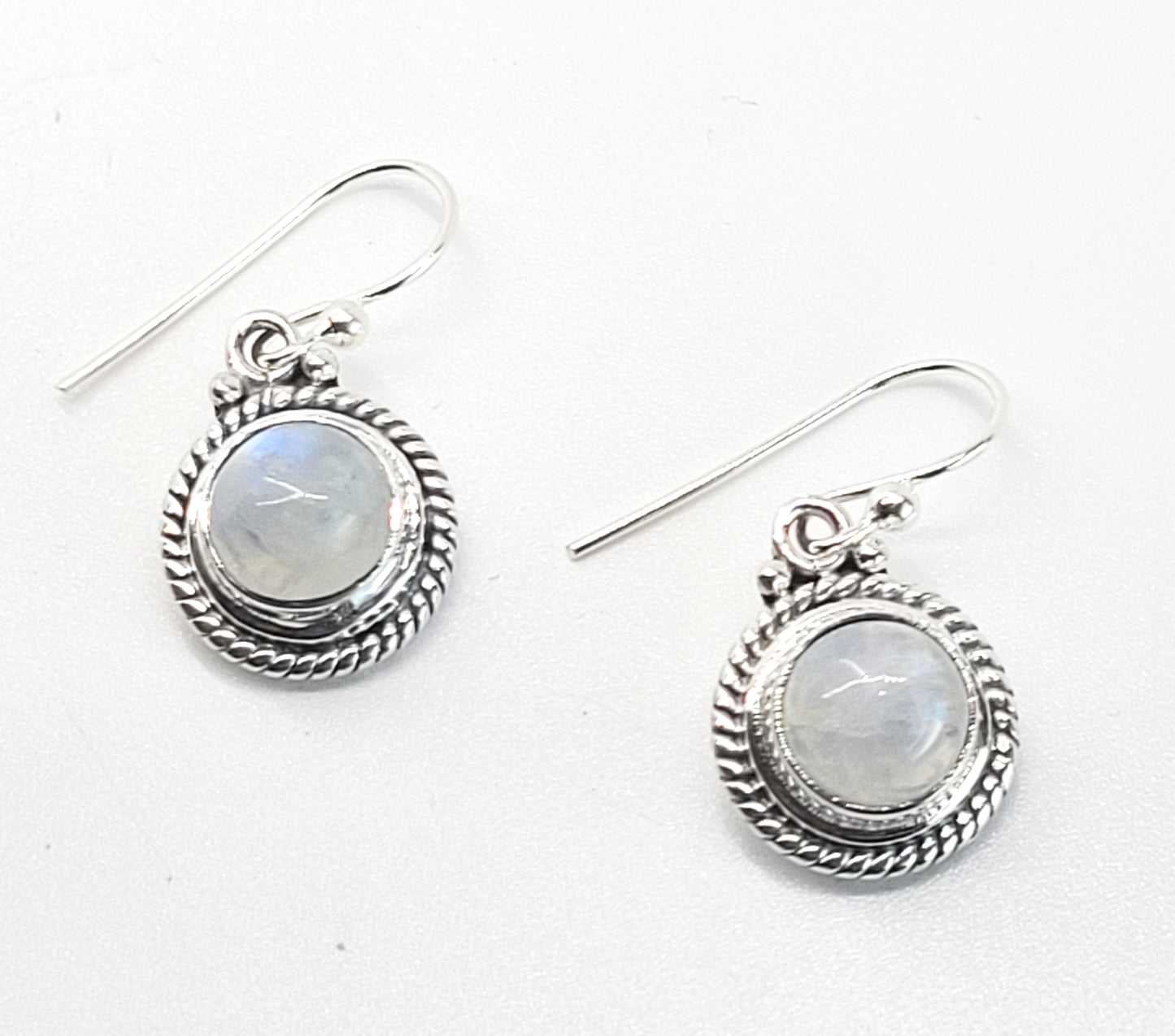 Blue Moonstone round domed cab tribal Balinese sterling silver drop earrings
