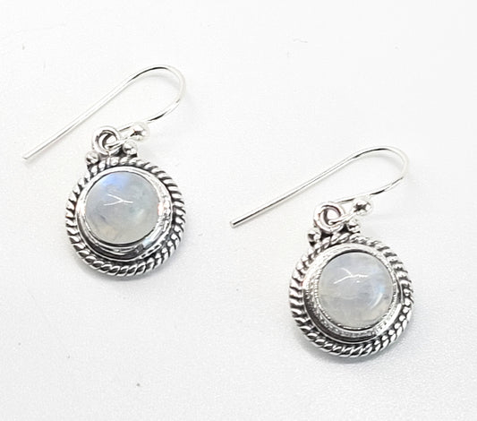 Blue Moonstone round domed cab tribal Balinese sterling silver drop earrings