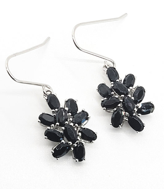 Black spinel drop faceted sterling silver cluster earrings black and silver long drop