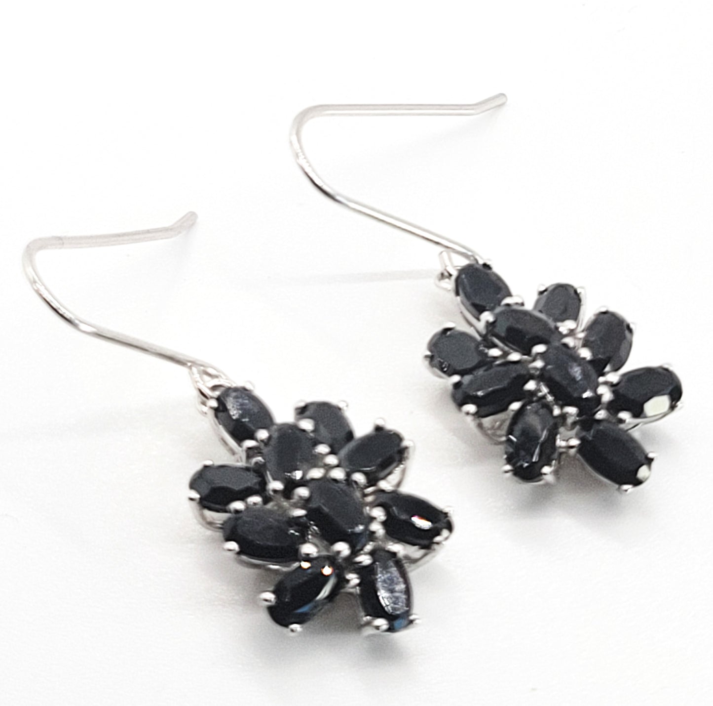 Black spinel drop faceted sterling silver cluster earrings black and silver long drop