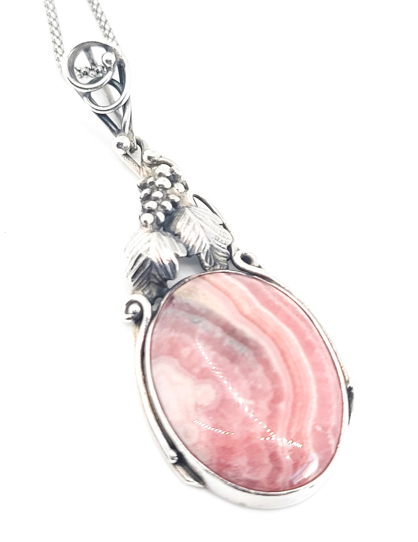 Rhodochrosite pink gemstone vintage handcrafted sterling silver pendant necklace