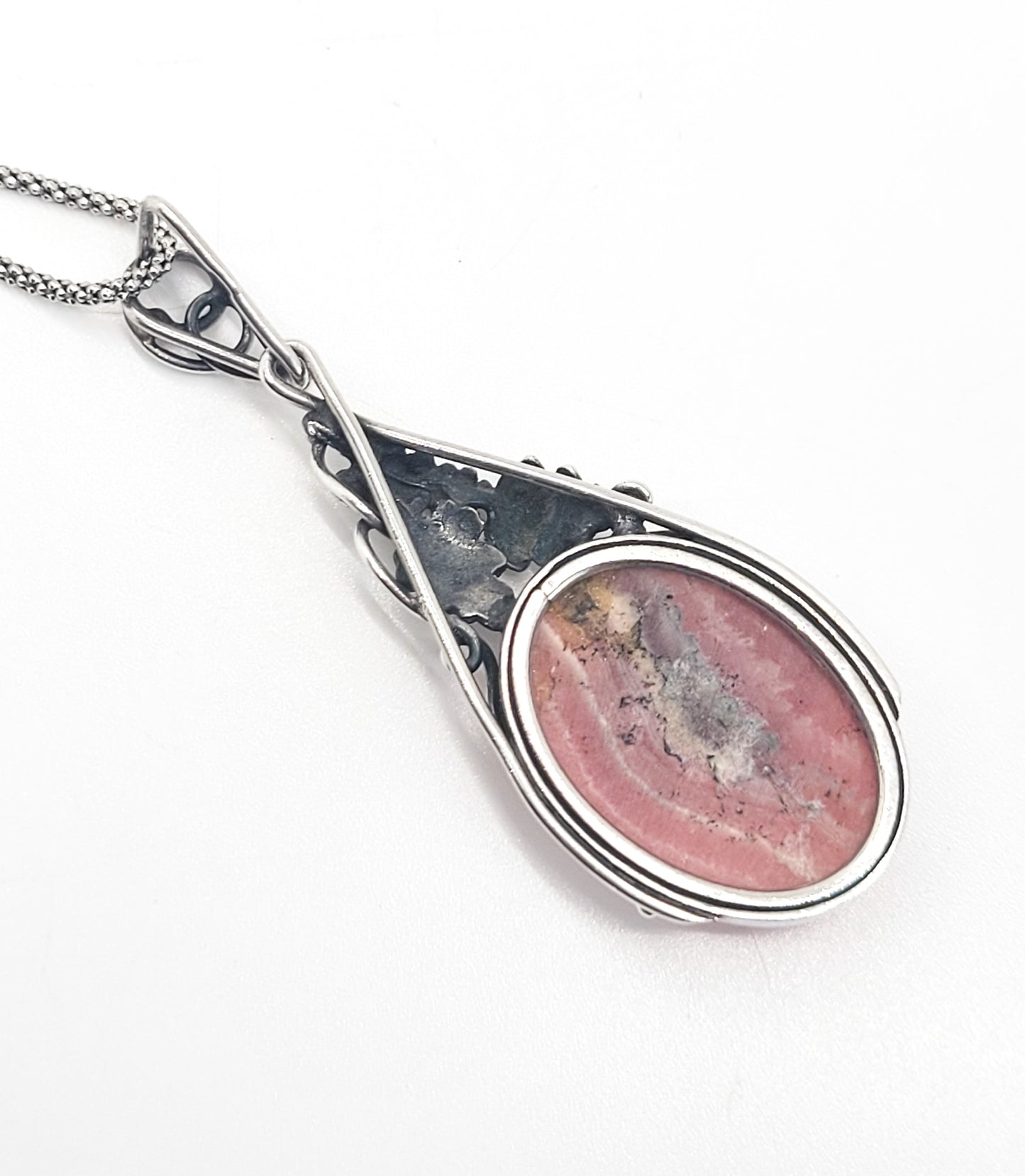 Rhodochrosite pink gemstone vintage handcrafted sterling silver pendant necklace