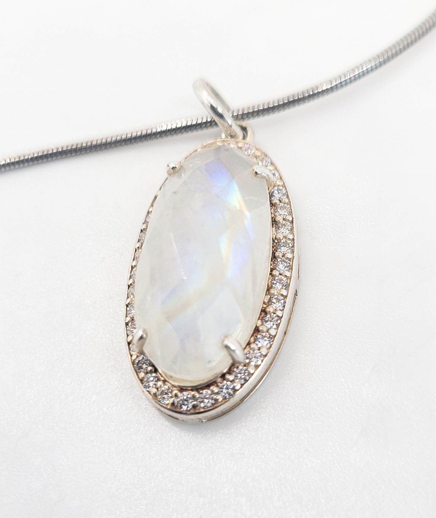 Faceted Rainbow moonstone white zirconia sterling silver pendant necklace
