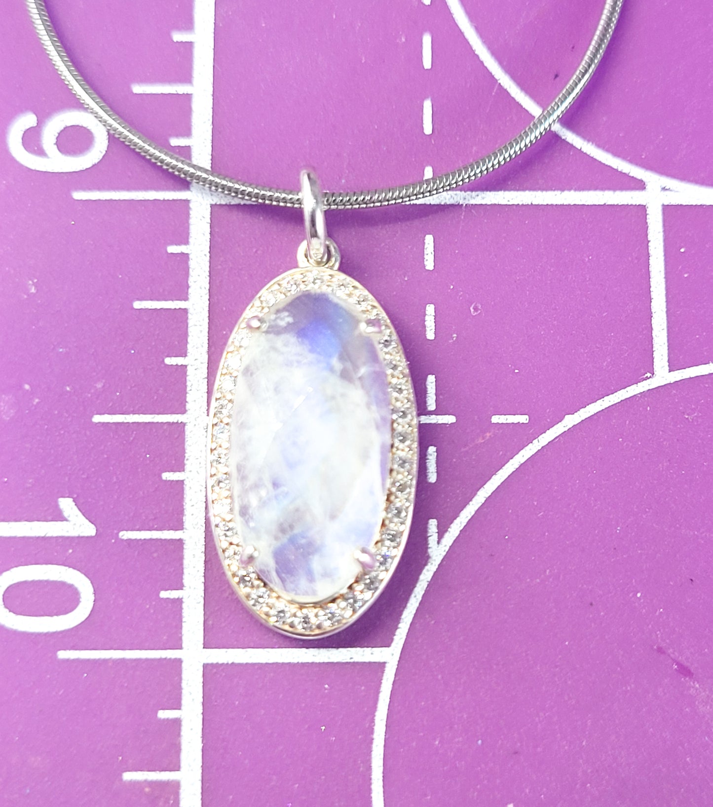 Faceted Rainbow moonstone white zirconia sterling silver pendant necklace