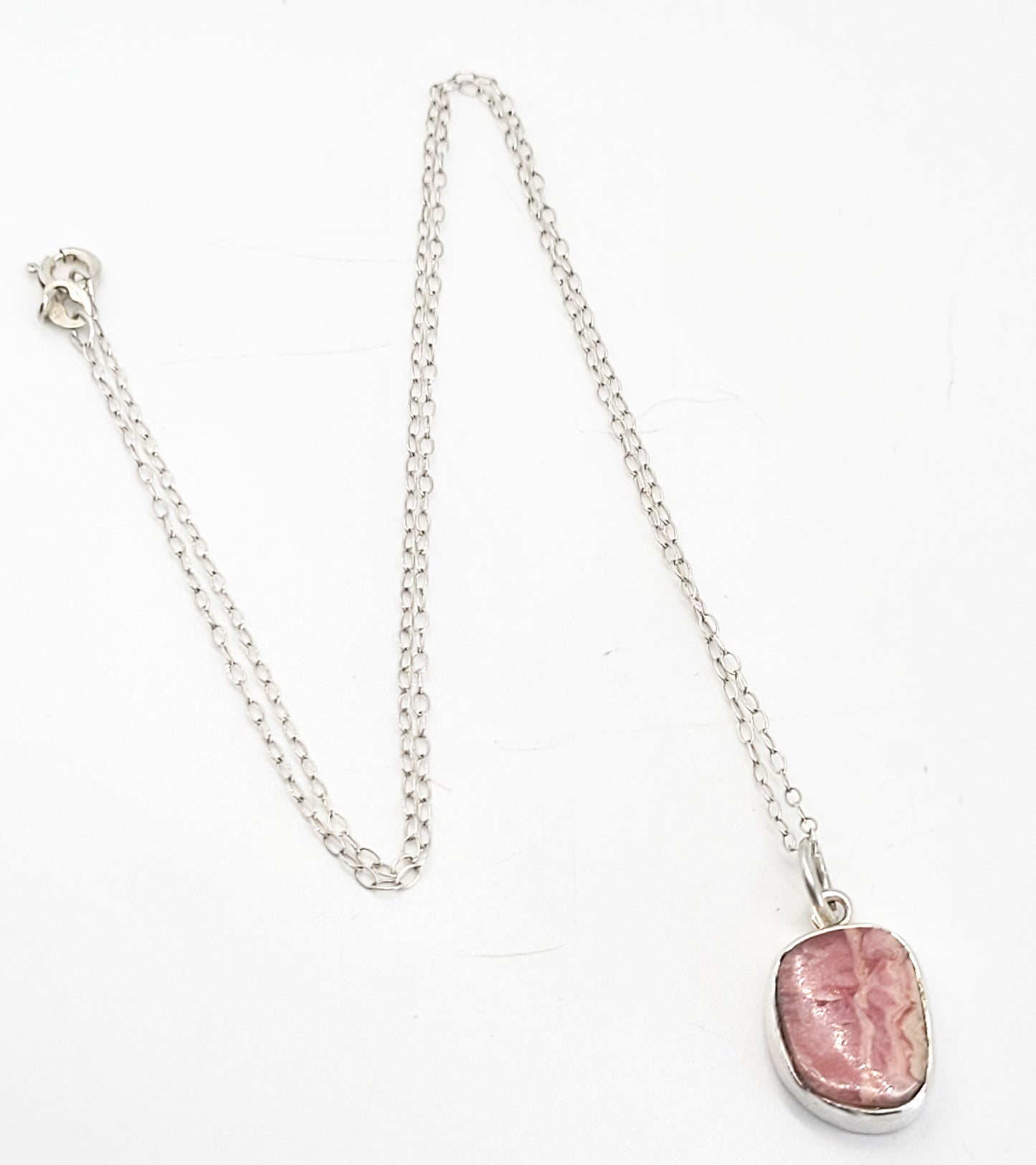 Pink Rhodochrosite banded gemstone sterling silver pendant necklace
