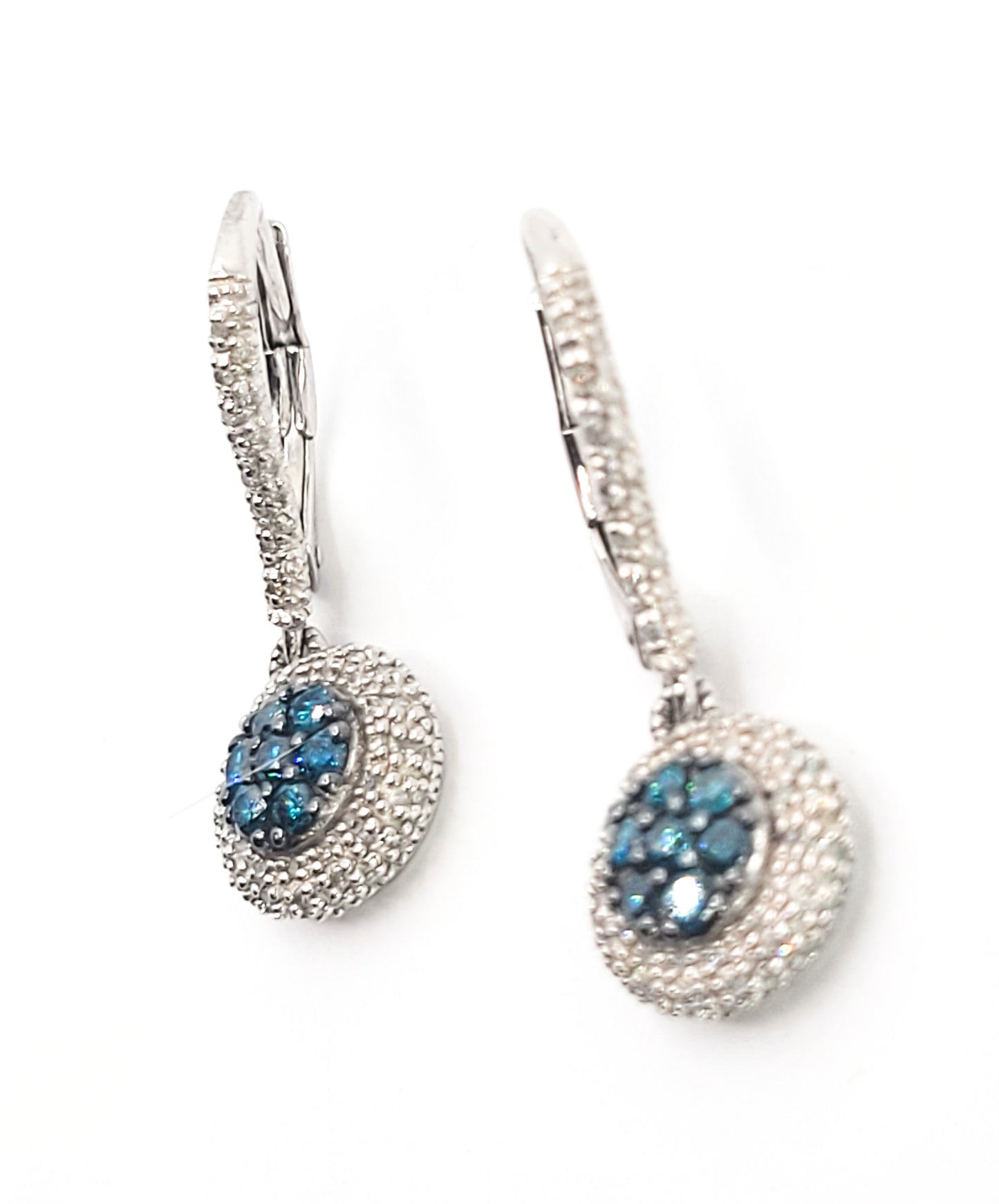 Blue and white diamond Rhodium over sterling silver decorated lever back earrings
