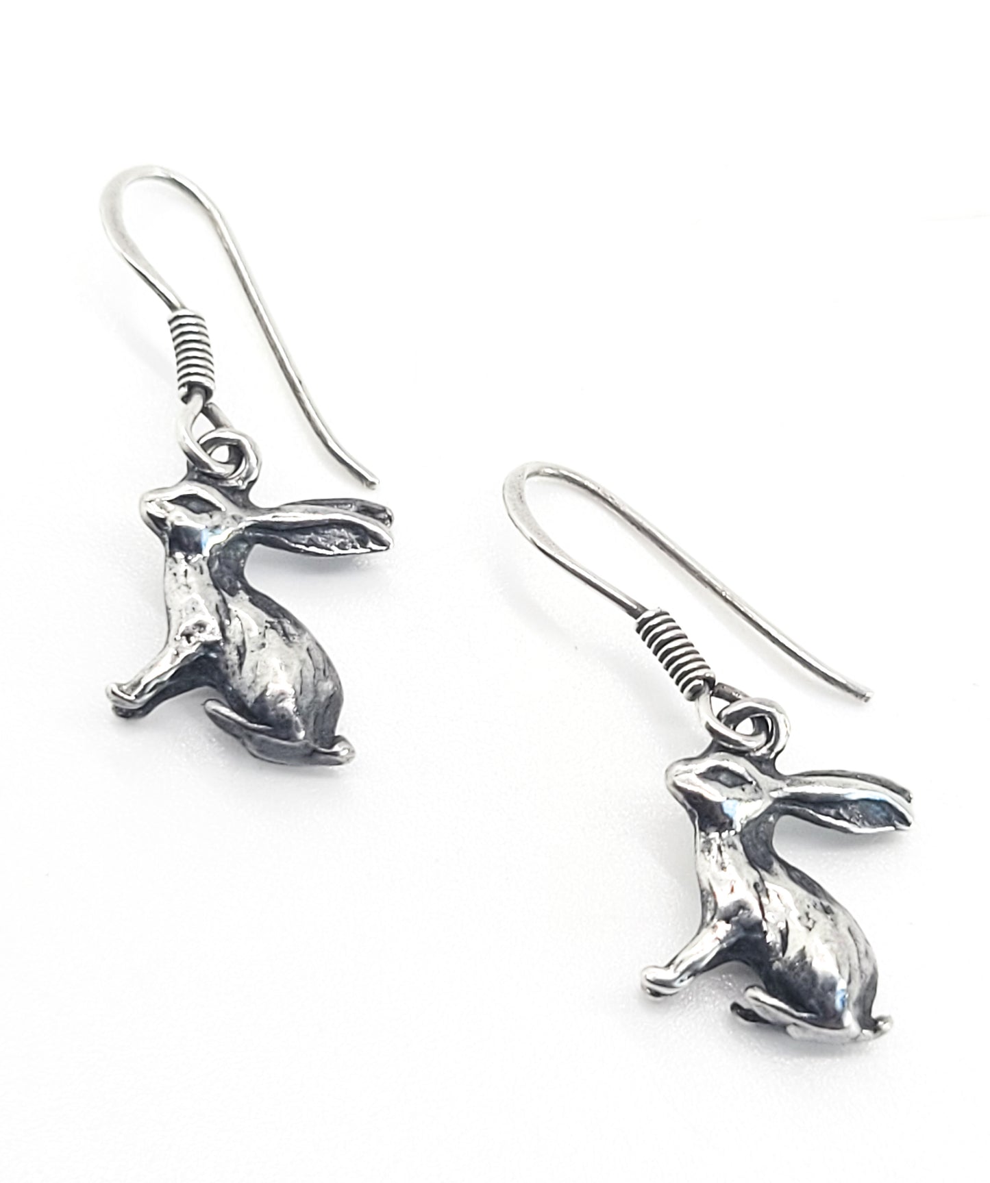 Rabbit sitting bunny detailed figural animal sterling silver drop earrings Hare