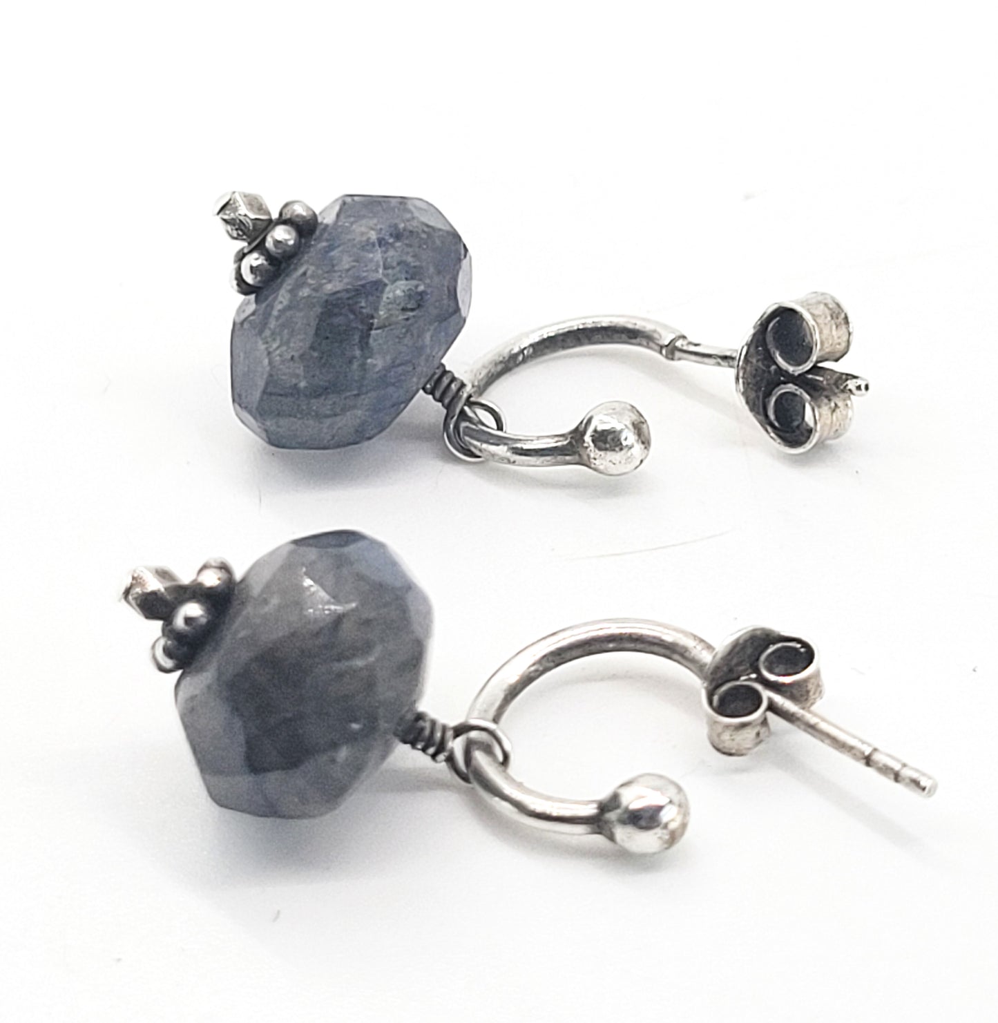 Faceted Labradorite drop vintage beaded sterling silver hoop earrings