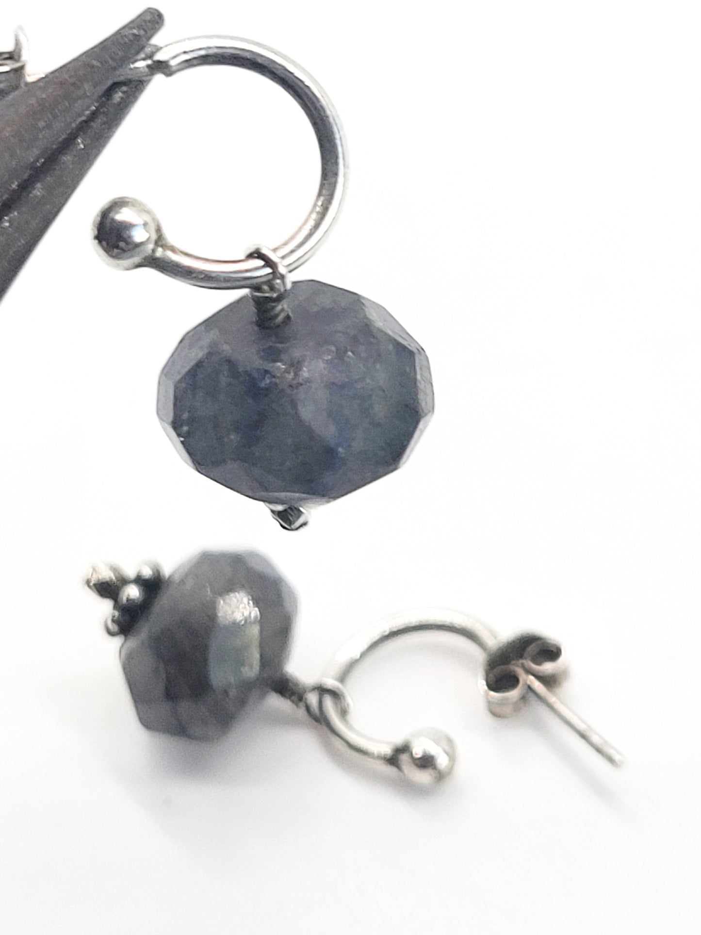 Faceted Labradorite drop vintage beaded sterling silver hoop earrings