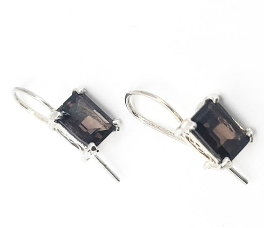 Smoky Quartz octagon cut French hook sterling silver filigree earrings