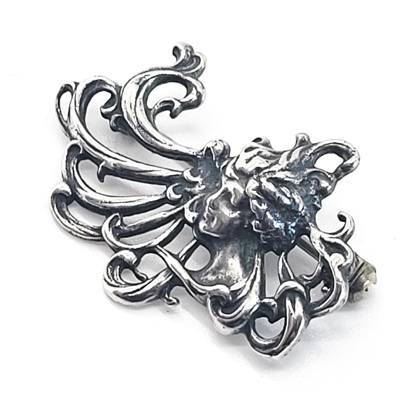 Art Nouveau Nymph sweeping cartouche woman sterling silver vintage brooch