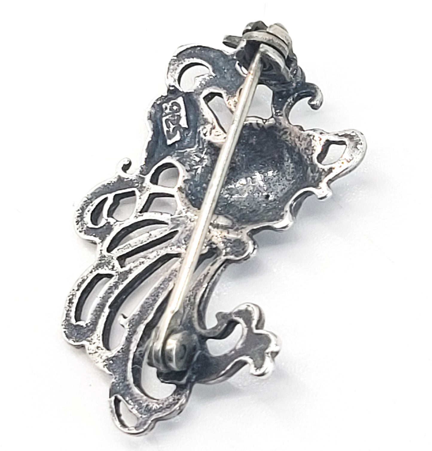 Art Nouveau Nymph sweeping cartouche woman sterling silver vintage brooch