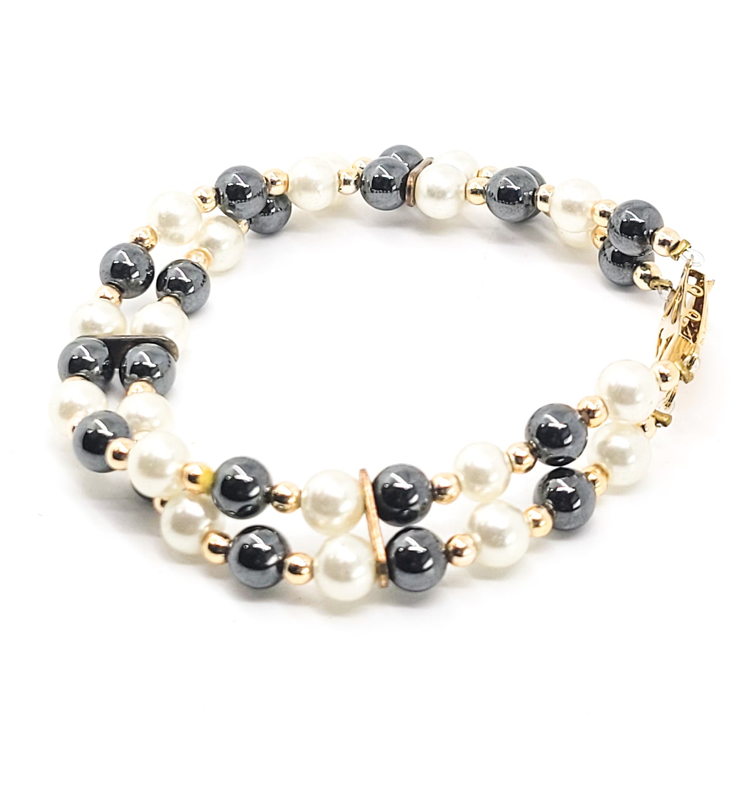 Hematite and white faux pearl double strand vintage gold accent beaded bracelet
