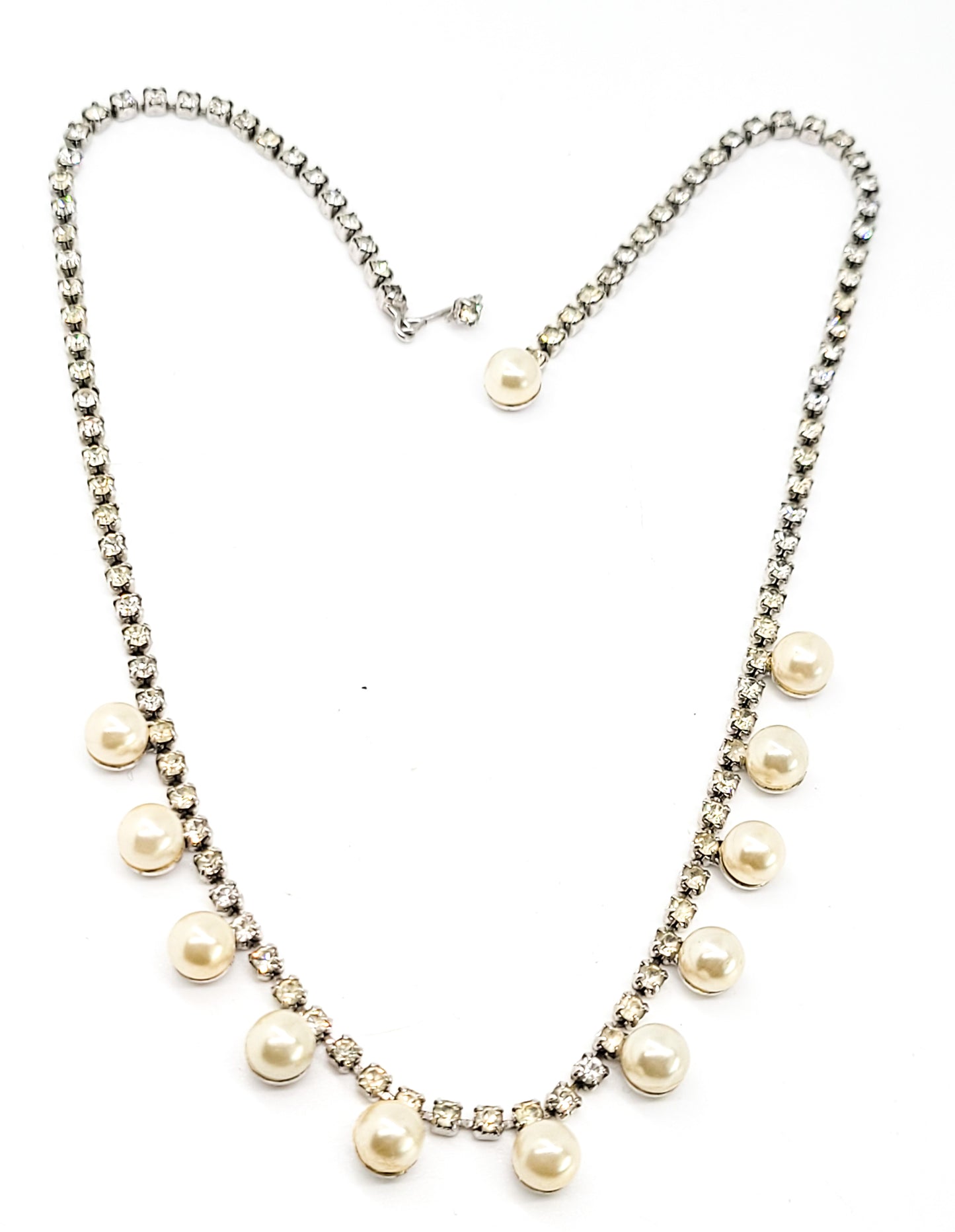 Rhinestone and white faux pearl vintage clear rhinestone statement necklace