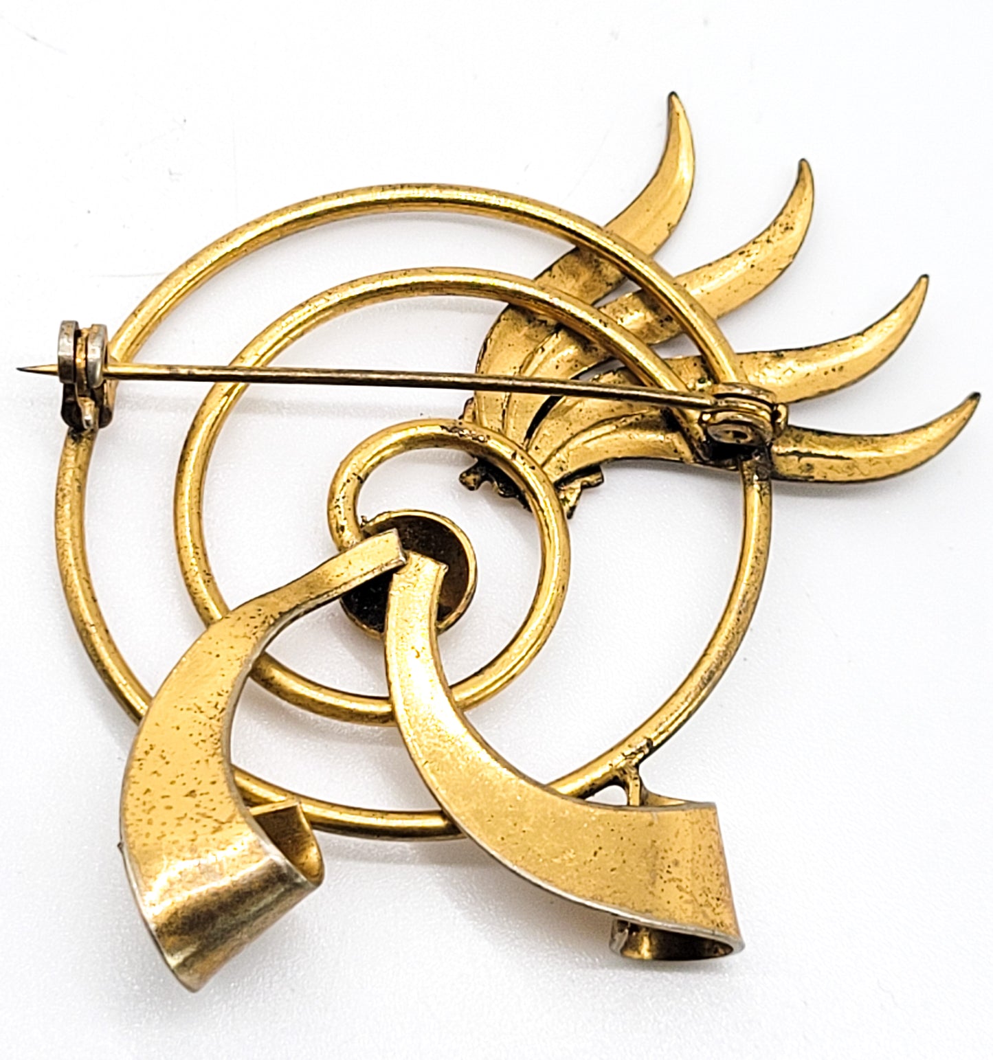 Modernist gold toned atomic spiral 2 tone vintage brooch