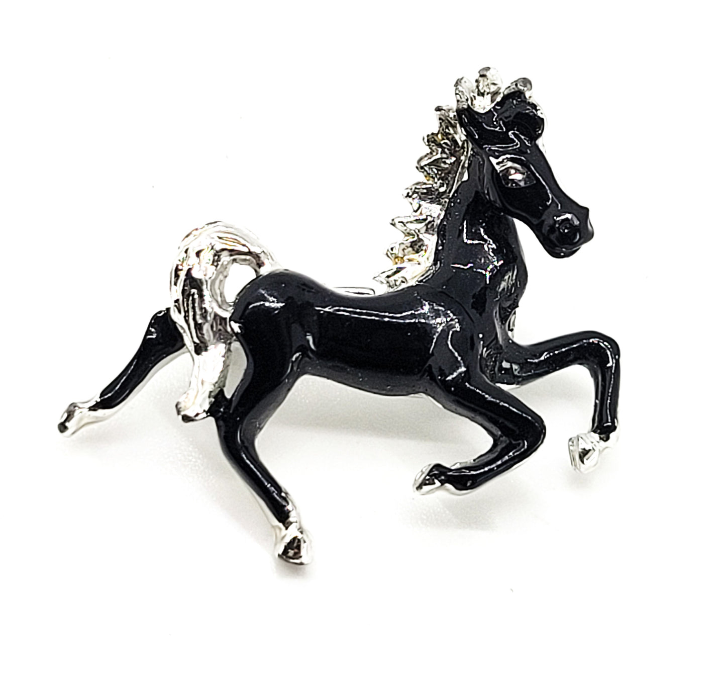 Black Horse vintage Equestrian enamel painted black and silver brooch pin
