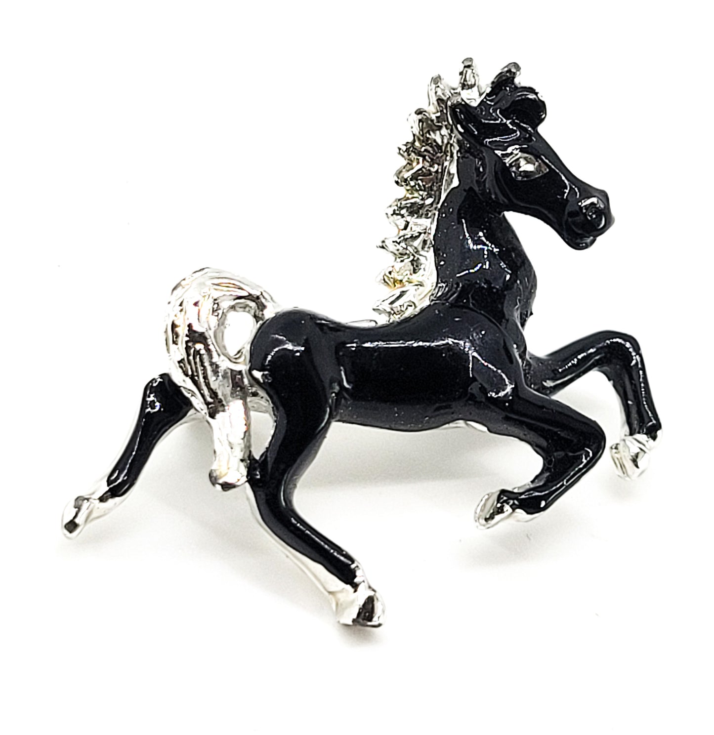Black Horse vintage Equestrian enamel painted black and silver brooch pin