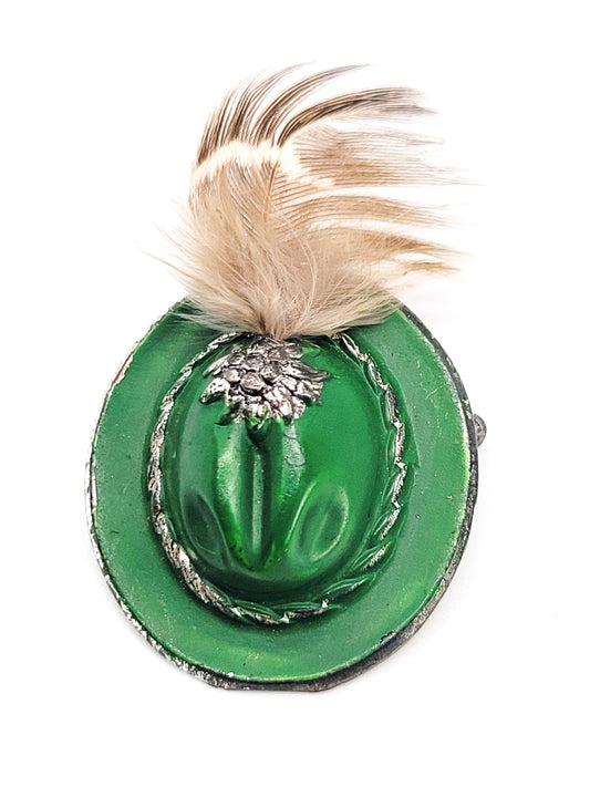 Austrian green enamel Alpine vintage hat pin with real feather