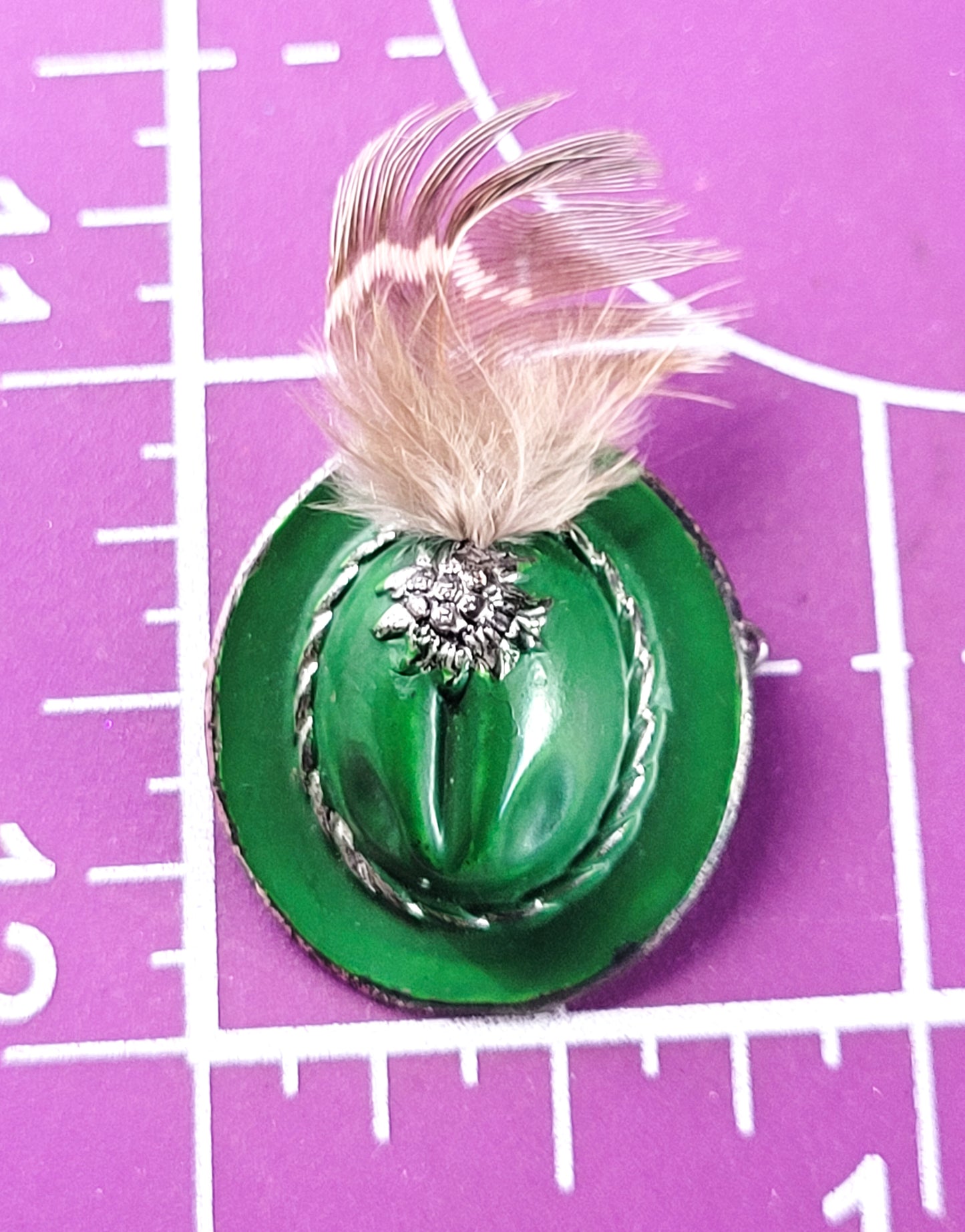 Austrian green enamel Alpine vintage hat pin with real feather