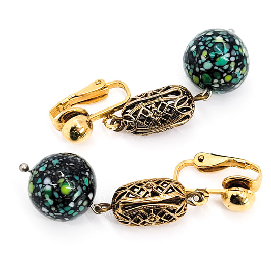 Confetti Speckled art glass vintage black beaded gold toned clip on earrings