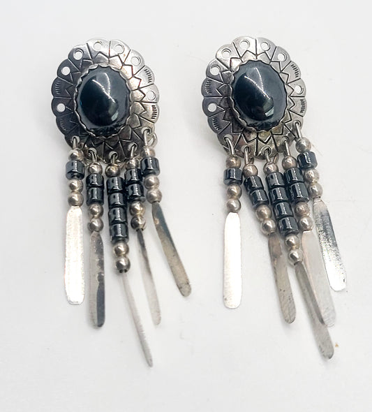 Hematite Concho Stamped tassel vintage Southwestern sterling silver earrings