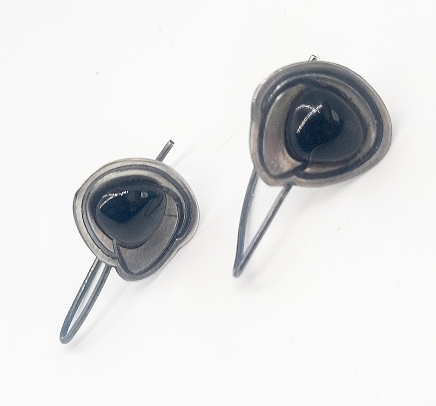 Modernist abstract black onyx sterling silver vintage drop earrings signed