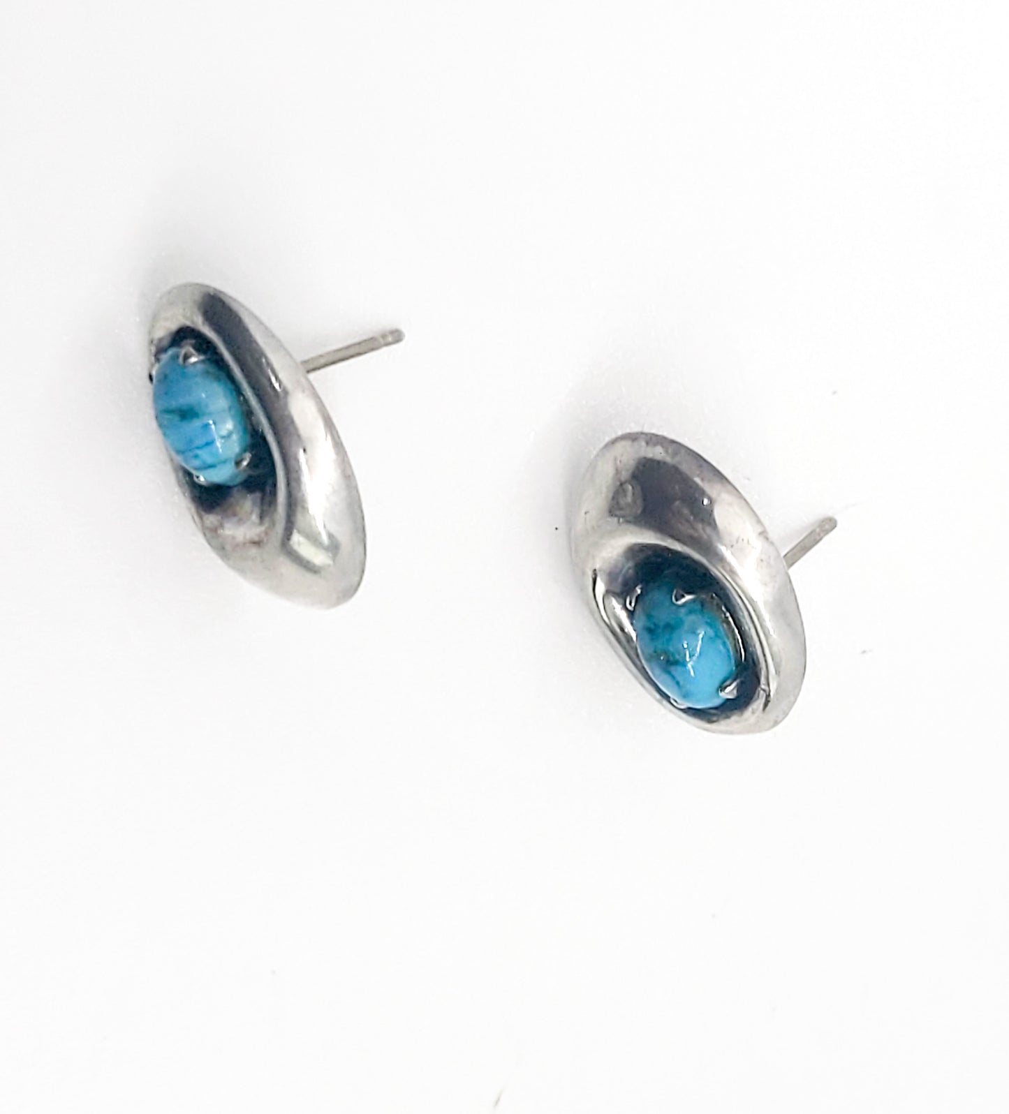 Shadowbox Blue art glass vintage sterling silver stud earrings